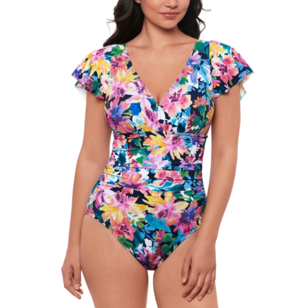 Swim Solutions Women's Garden Dreams Flutter-Sleeve One-Piece Swimsuit